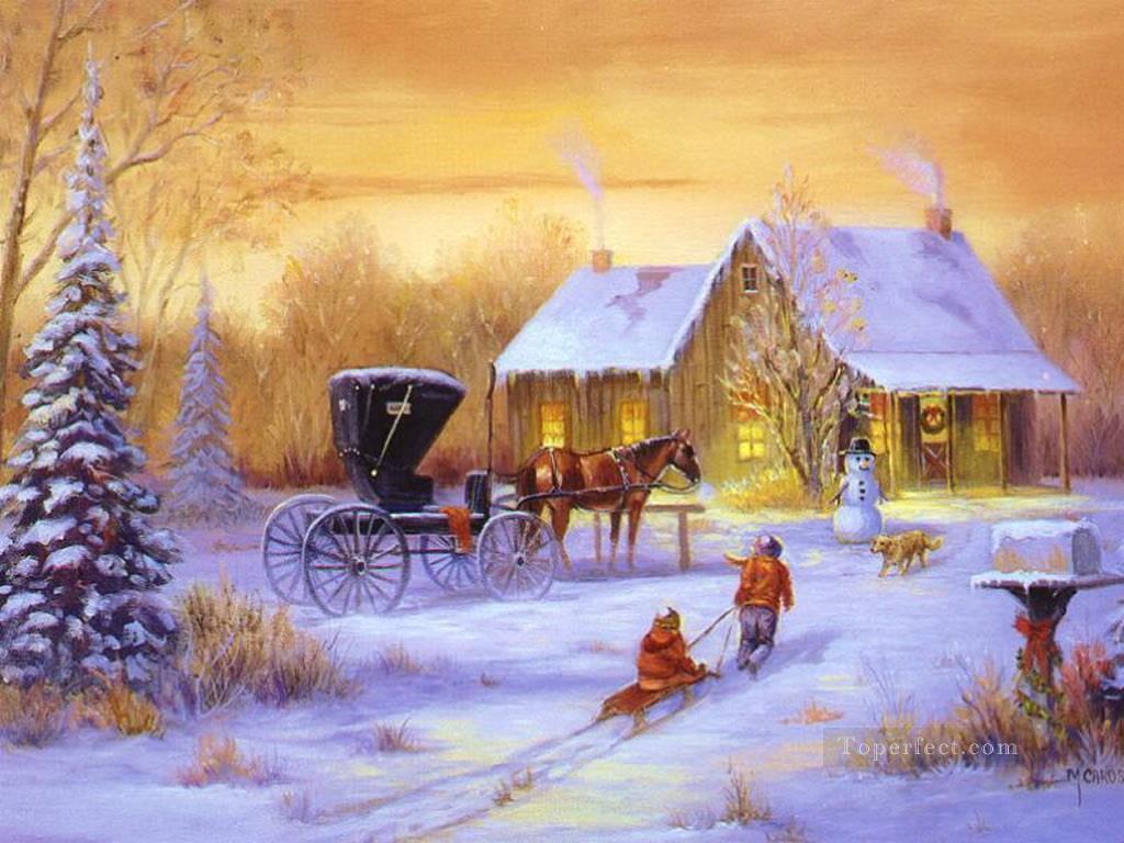 Voiture de Noël avec cheval et enfants avec Chien Peintures à l'huile